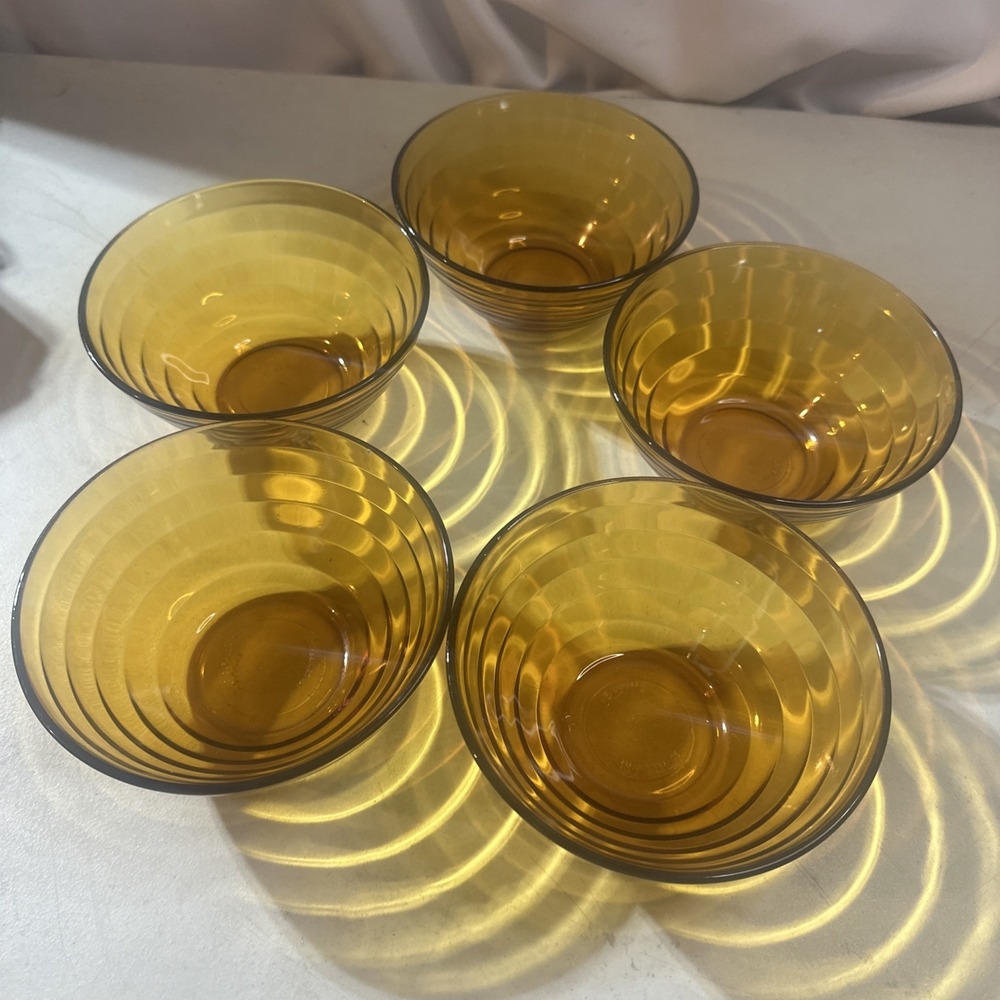 Lot Of 5 Vintage Duralex Amber Glass Bowls Beehive "Gigogne" Design MCM France